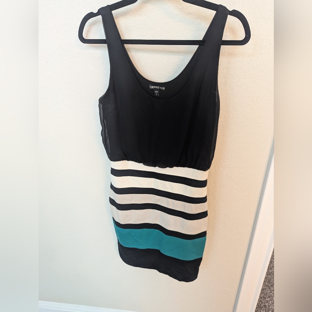 Express Women's Black and Teal Striped Dress